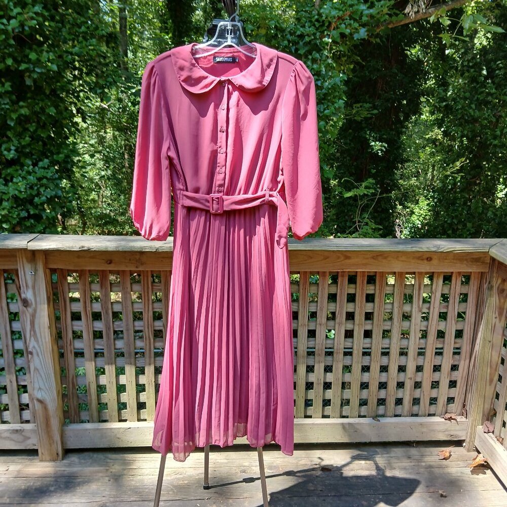 Sassafras Rose Pink Nostalgic  PeterPan Belted Pleated Flowy Midi Dress Sz M